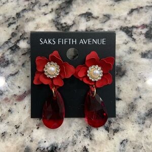 Saks Fifth Avenue Red Flower Dangle Earrings- BNWT
